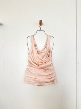 Vintage 2010s Express Satin Cowl Neck Ruched Tank Top Peach Blush Pink XS